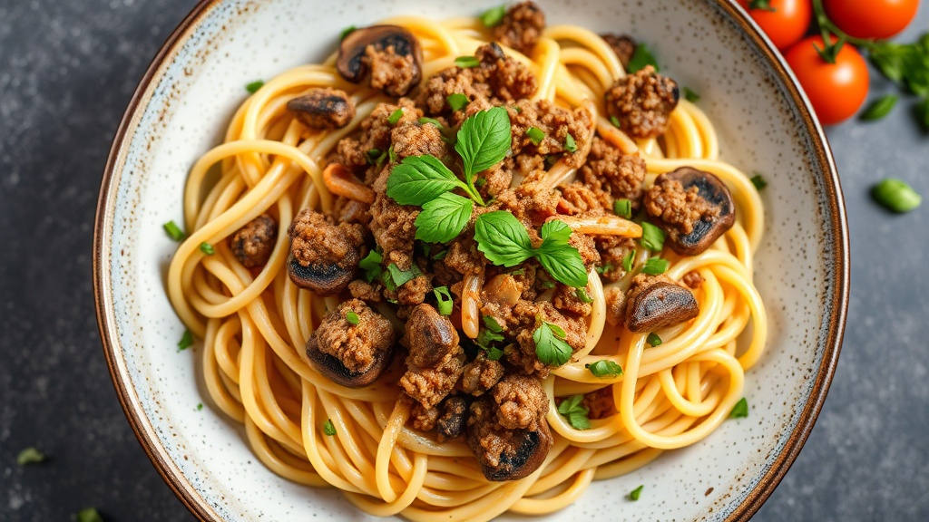 Angel Hair Pasta with Ground Beef and Mushroom Medley