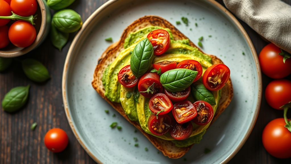 Avocado Toast with Roasted Cherry Tomatoes and Basil Pesto