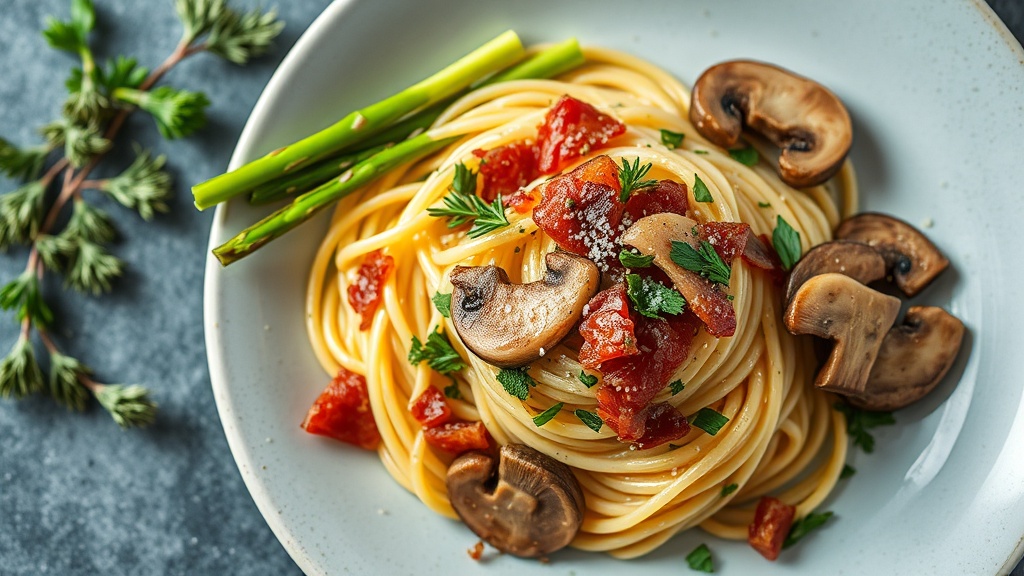 Bacon, Asparagus, and Mushroom Pasta