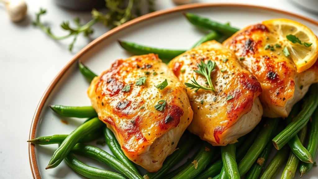 Baked Lemon Herb Chicken Thighs with Garlic Green Beans