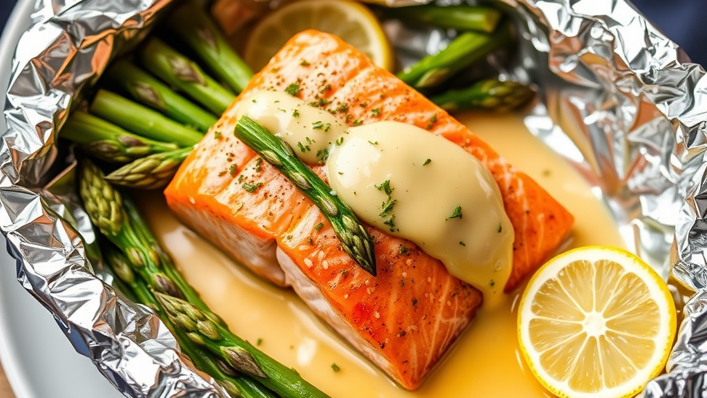 Baked Salmon in Foil with Asparagus and Lemon Garlic Butter Sauce