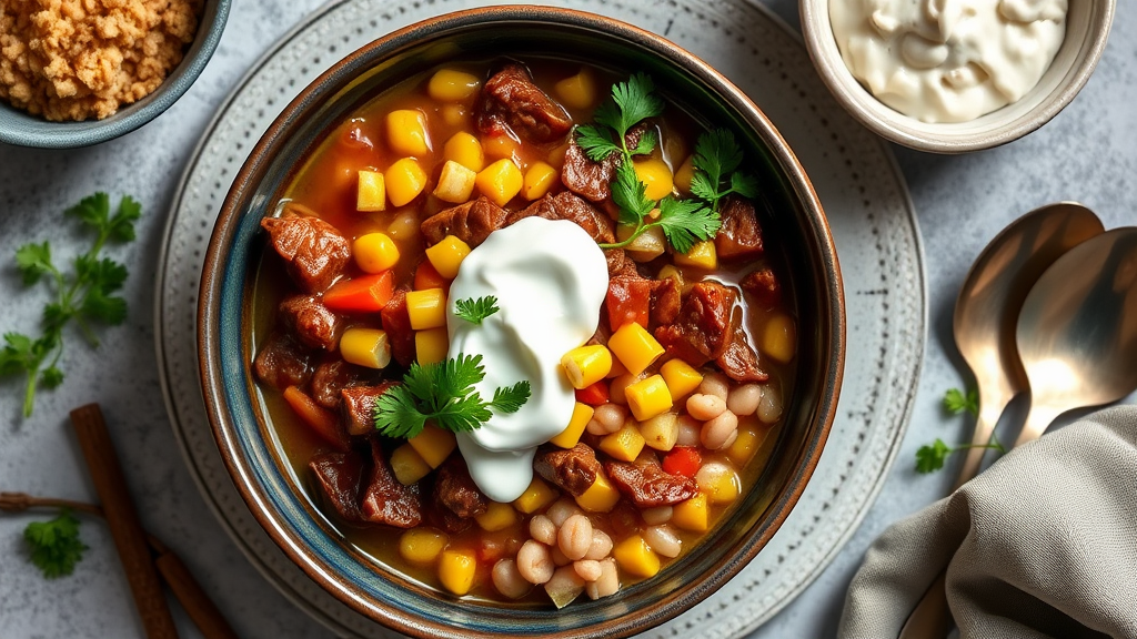 Beef and Corn Stew with Ranch Beans and Sour Cream