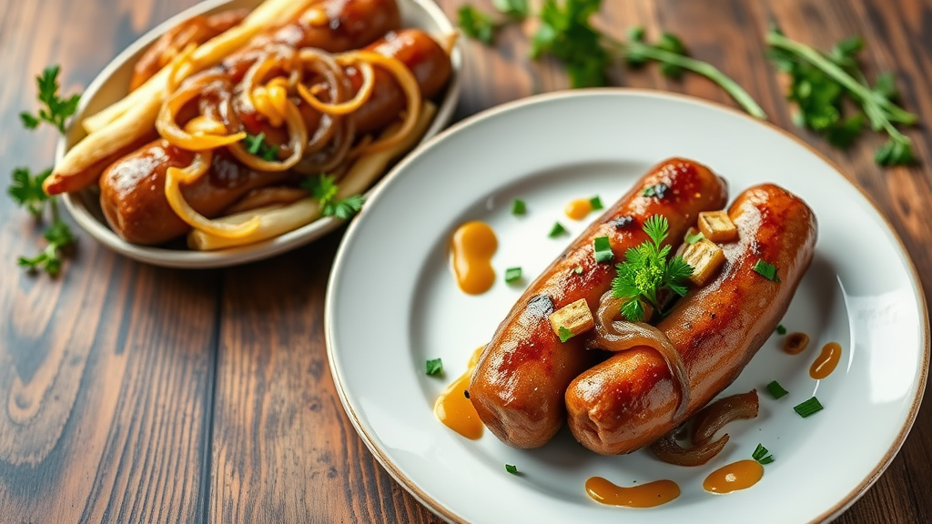 Beer Brats with Caramelized Onions and Spicy Mustard