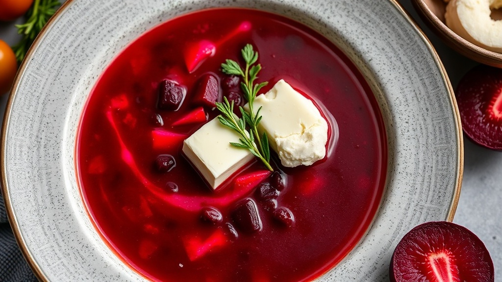 Beet and Broth Soup with Thyme and Goat Cheese