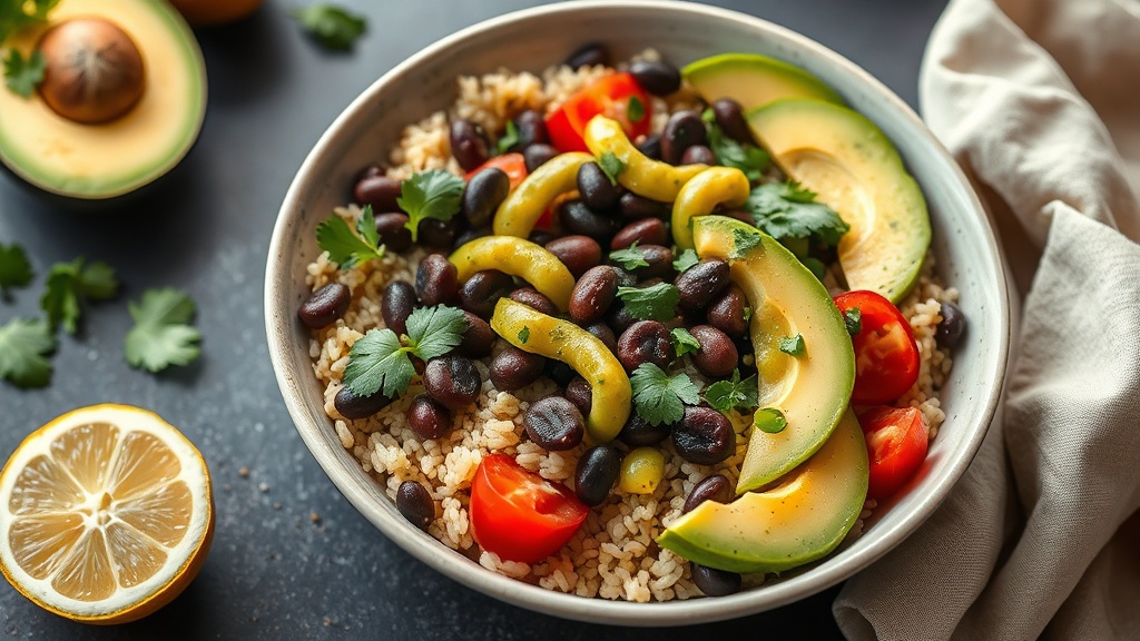 Black Bean and Brown Rice Bowl with Avocado and Lime Vinaigrette