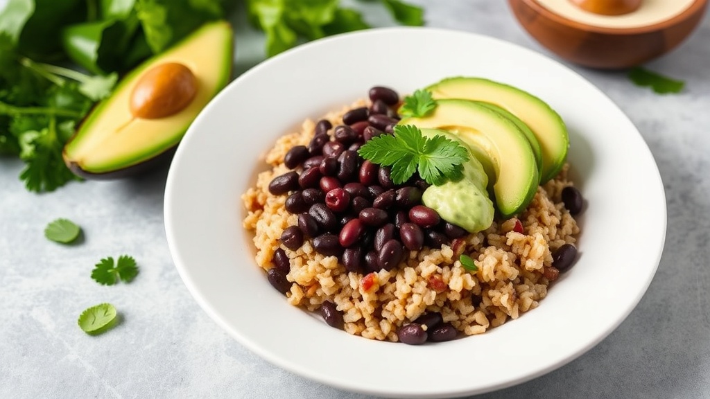Black Bean and Brown Rice Bowl with Avocado Lime Dressing