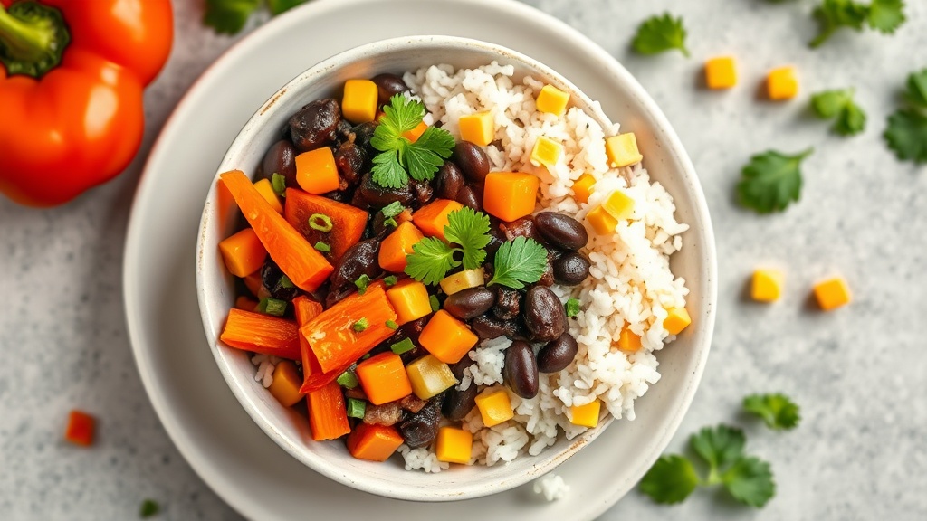 Black Bean and Rice Bowl with Orange Bell Pepper and Corn