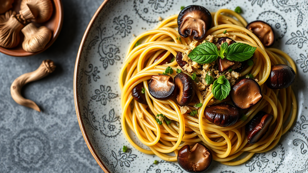 Black Garlic Tagliatelle with Wild Mushrooms