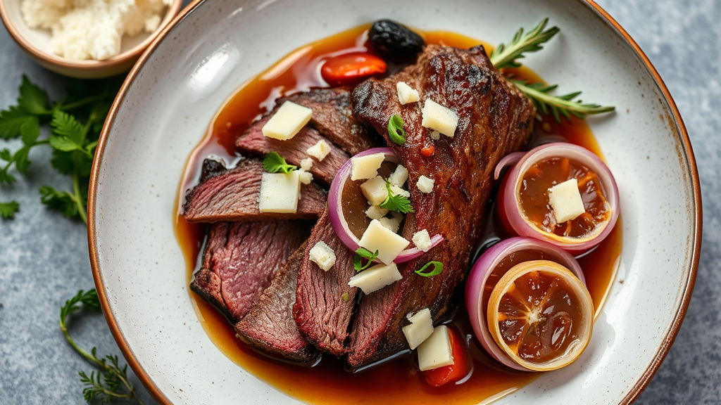 Braised Beef Brisket with Parmesan and Pickled Onions