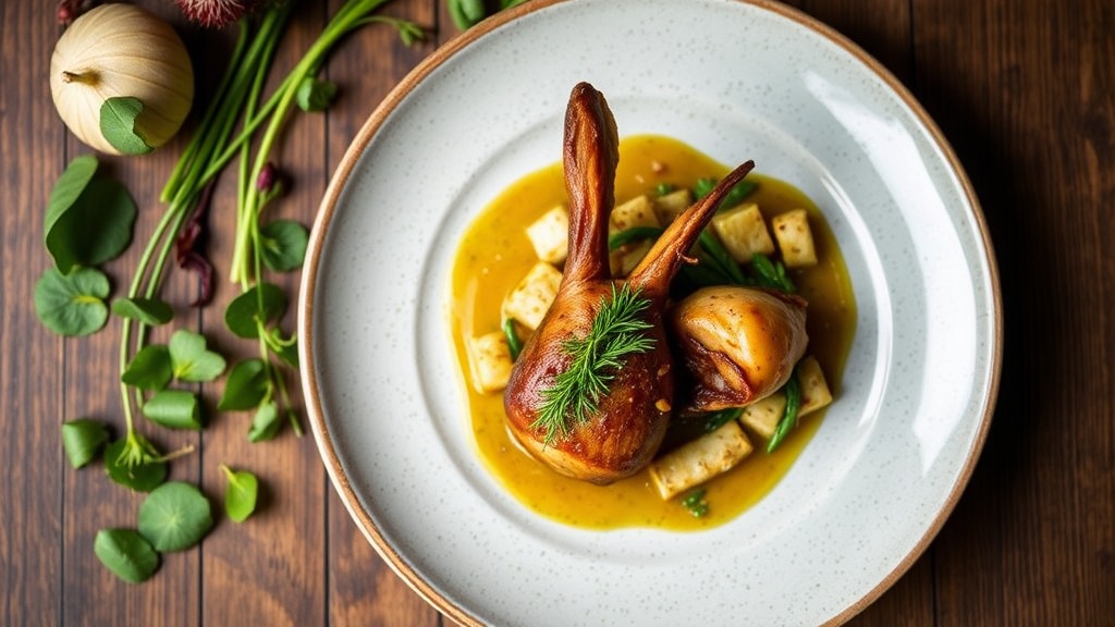 Braised Rabbit with Burdock and Dandelion Greens