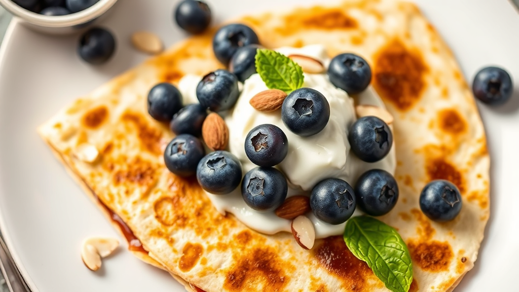 Breakfast Quesadilla with Cream Cheese, Blueberries, and Sliced Almonds