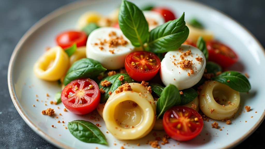 Buratta and Tortellini Salad with Cherry Tomatoes and Basil