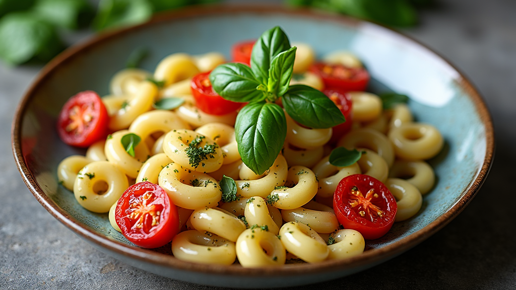 Cantalinie Pasta with Roasted Cherry Tomatoes and Basil Pesto
