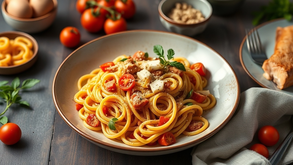 Cheddar Tomato Pesto Pasta with Canned Salmon
