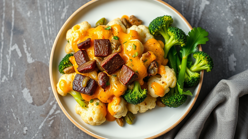 Cheesy Beef and Broccoli Cauliflower Bake
