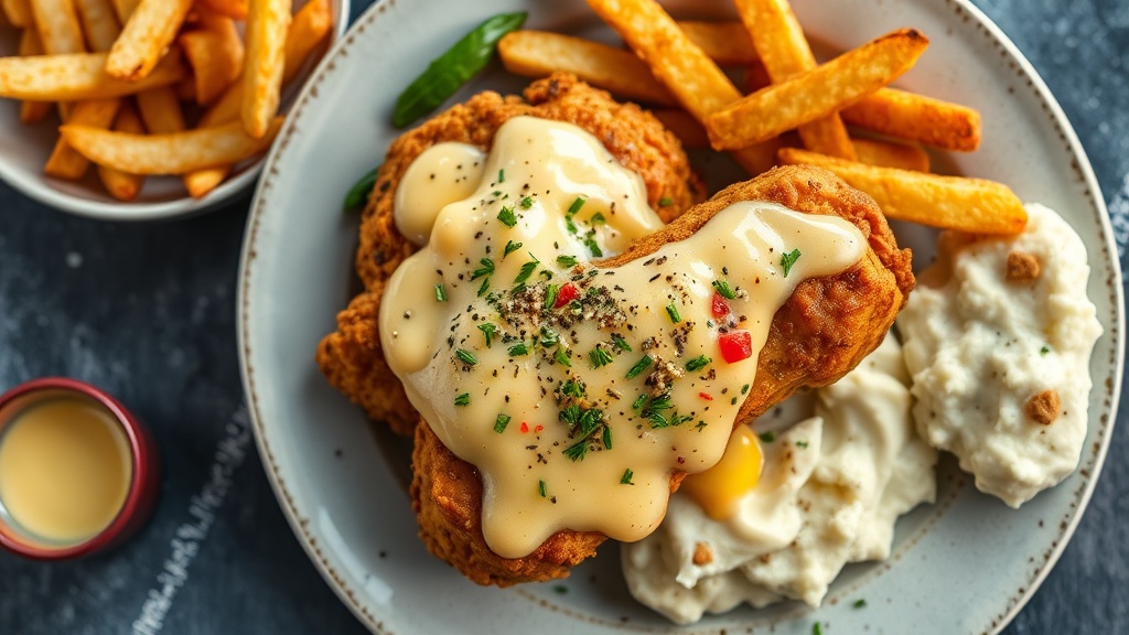 Cheesy Chicken and Seasoned Fries with Garlic Mashed Potatoes