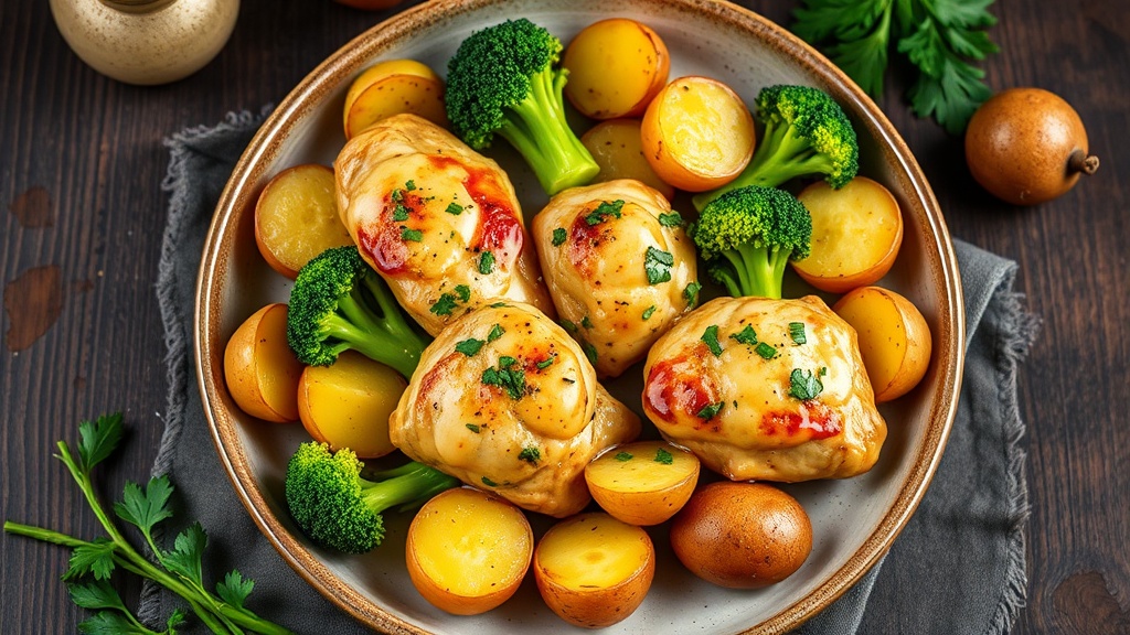 Cheesy Garlic Chicken with Broccoli and Baby Potatoes