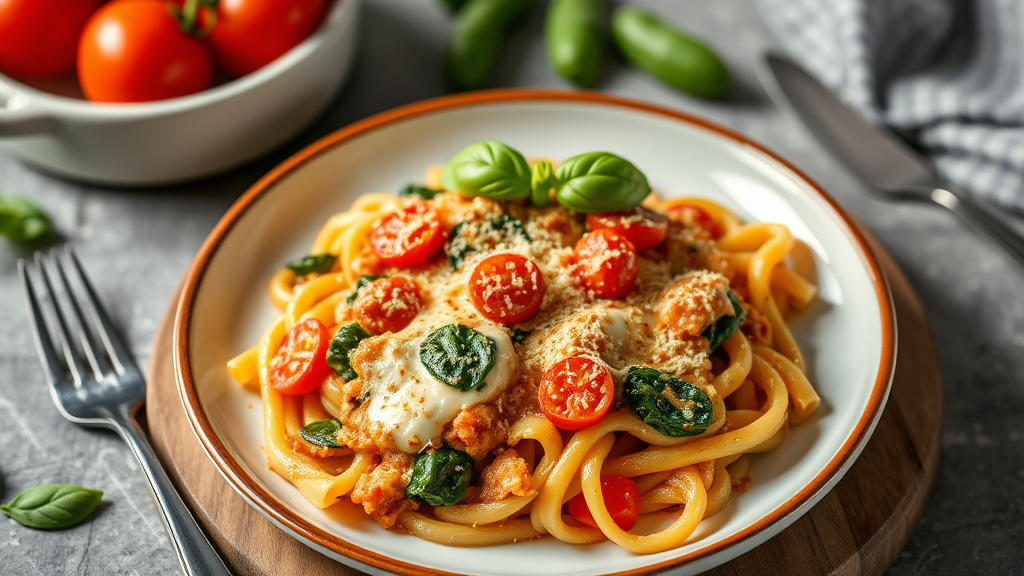 Cheesy Spinach and Tomato Pasta Bake