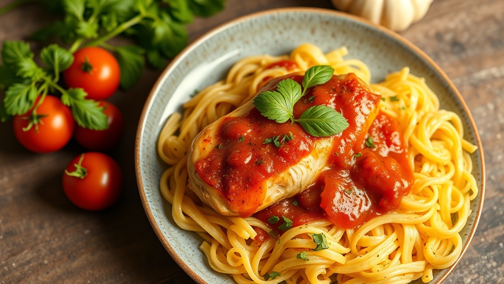 Chicken and Yellow Rice Pasta with Garlic Tomato Sauce
