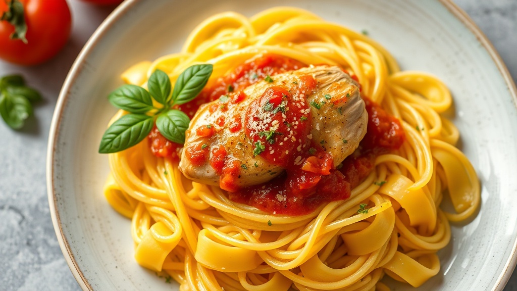 Chicken and Yellow Rice Pasta with Tomato Garlic Sauce