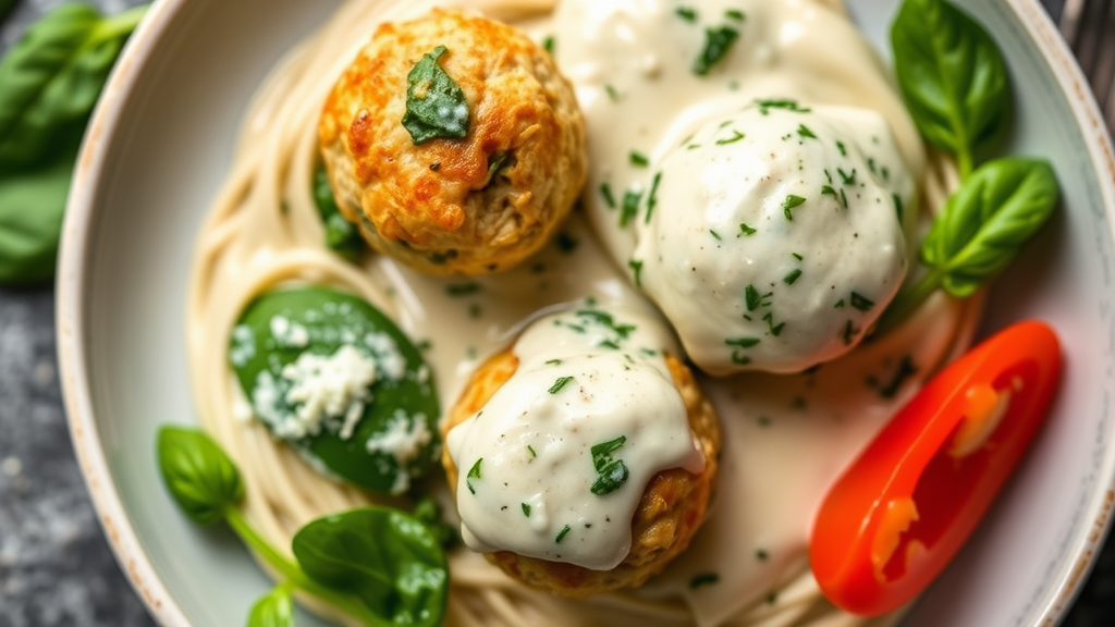 Chicken Ricotta Meatballs with Spinach Alfredo Sauce