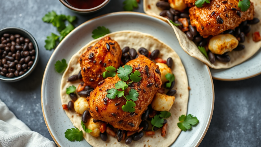 Chipotle Chicken Thighs with Black Beans and Cauliflower Tacos