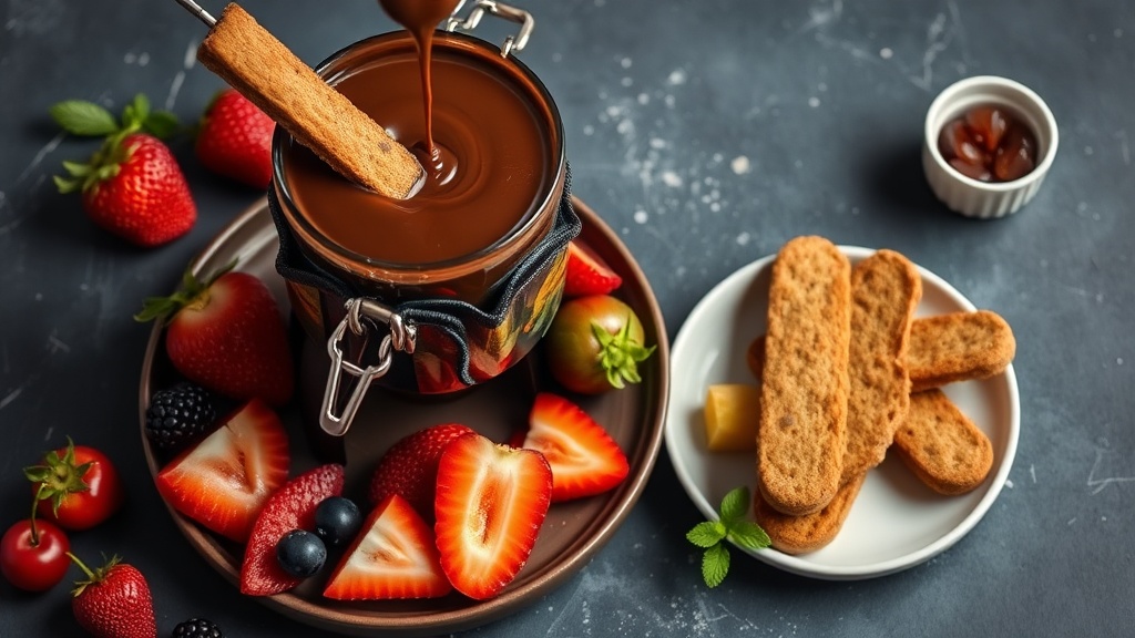 Chocolate Swiss Fondue with Fruit and Biscotti