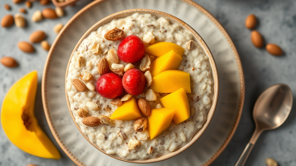 Coconut Chia Overnight Oats with Mango and Almonds
