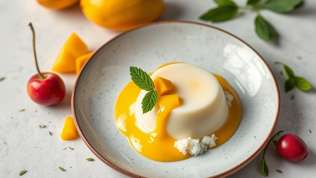 Coconut Pandan Panna Cotta with Mango and Sticky Rice