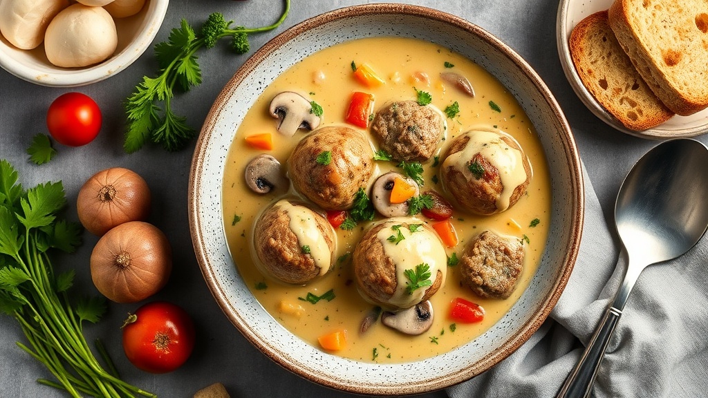 Creamy Cheddar Mushroom Meatball Stew