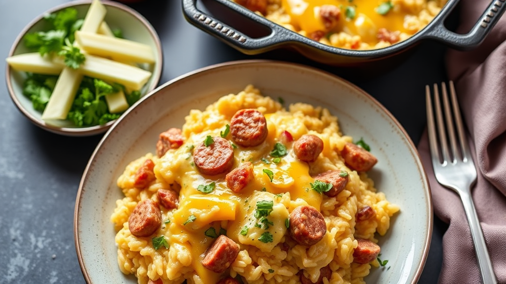 Creamy Cheddar Sausage Rice Bake
