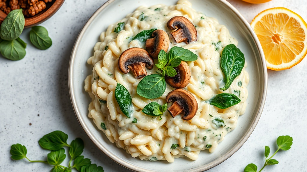 Creamy Cheese and Milk Risotto with Spinach and Mushrooms