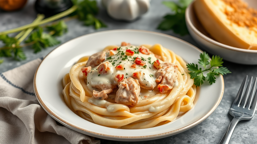 Creamy Chicken Alfredo with Mashed Potato Swirl