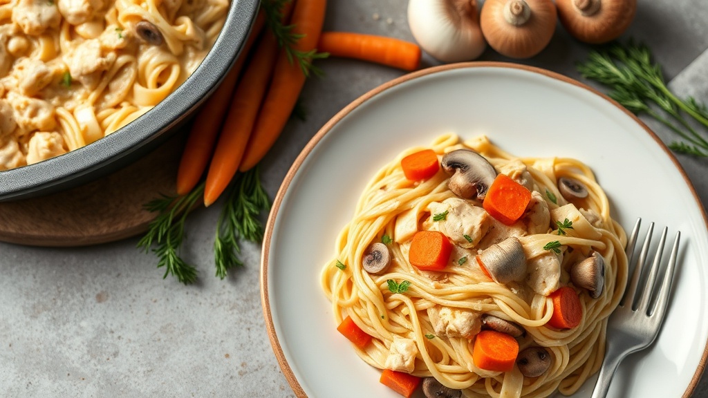 Creamy Chicken Noodle Casserole with Carrots and Mushrooms