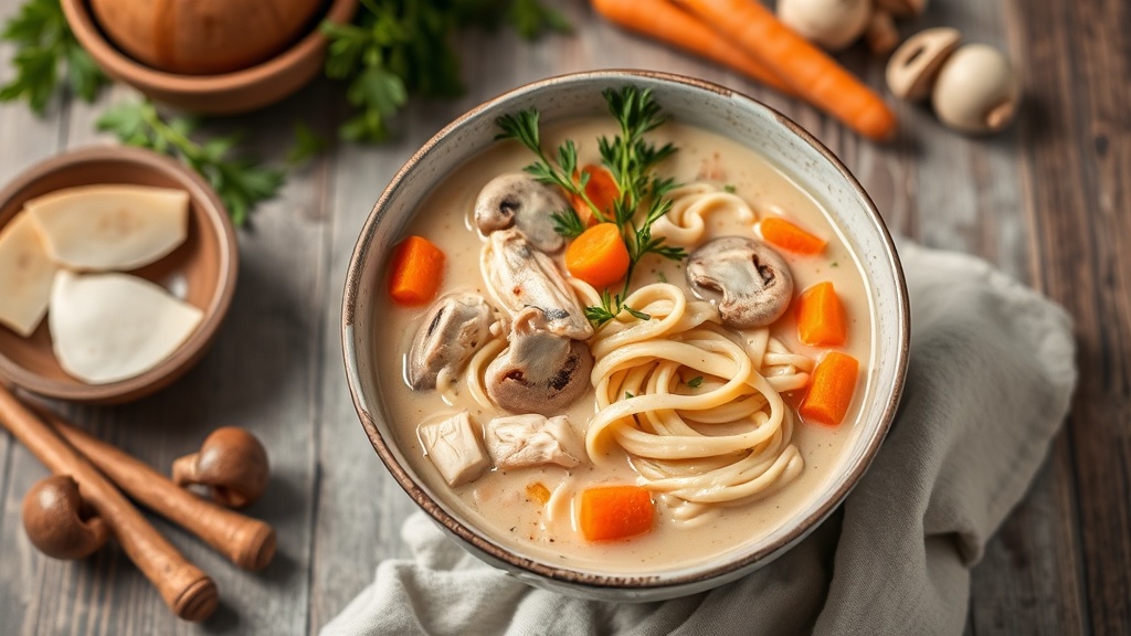 Creamy Chicken Noodle Soup with Carrots and Mushrooms