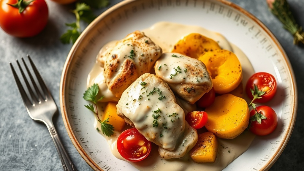 Creamy Chicken Thighs with Roasted Squash and Tomato
