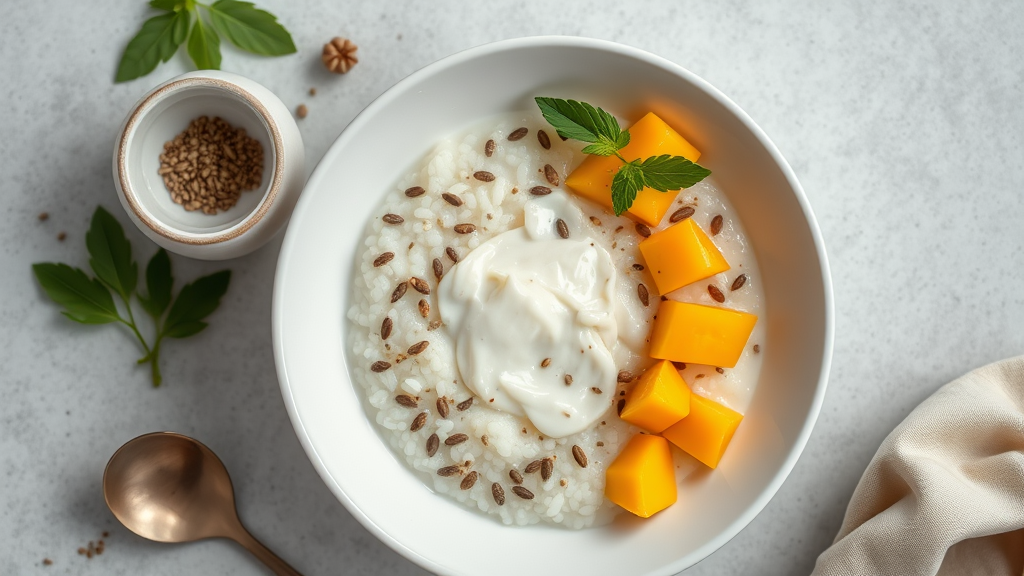 Creamy Coconut Rice Porridge with Mango and Chia Seeds