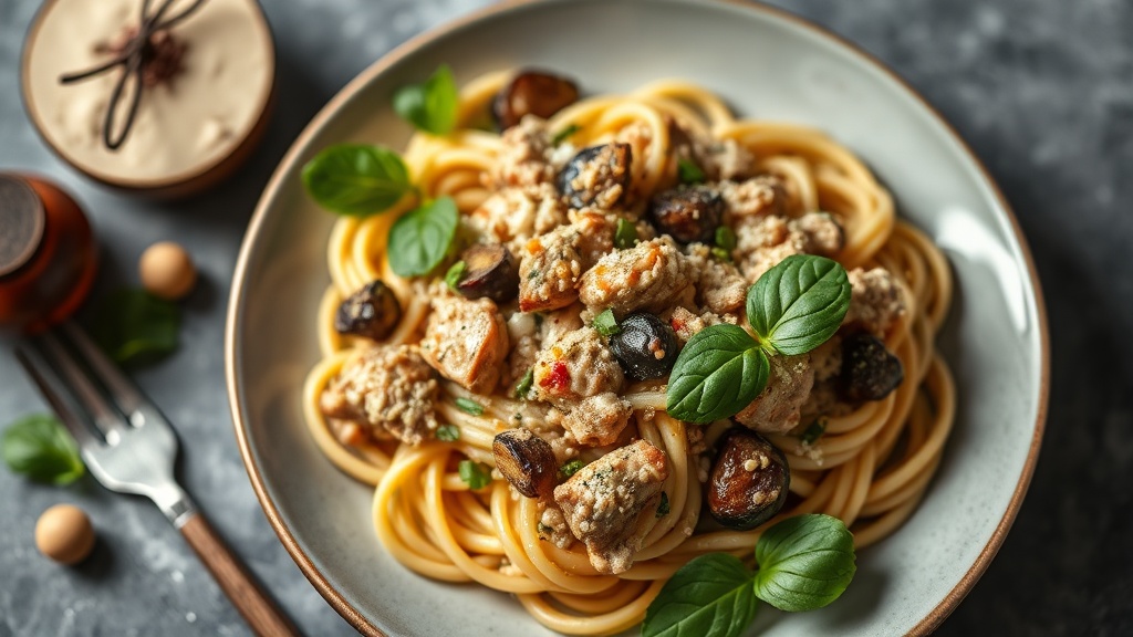 Creamy Eggplant and Ground Chicken Pasta