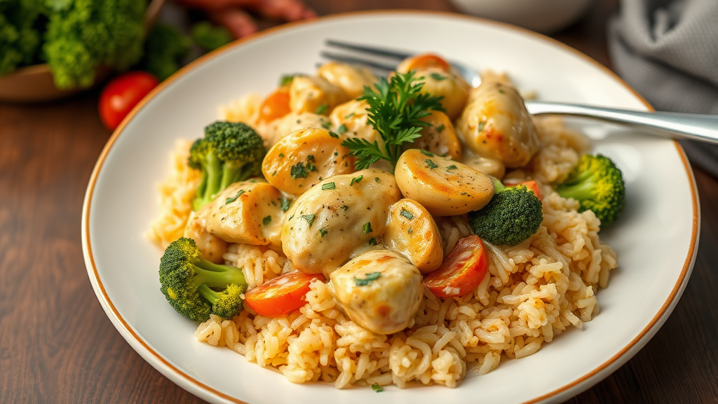 Creamy Garlic Chicken Broccoli Rice Bake