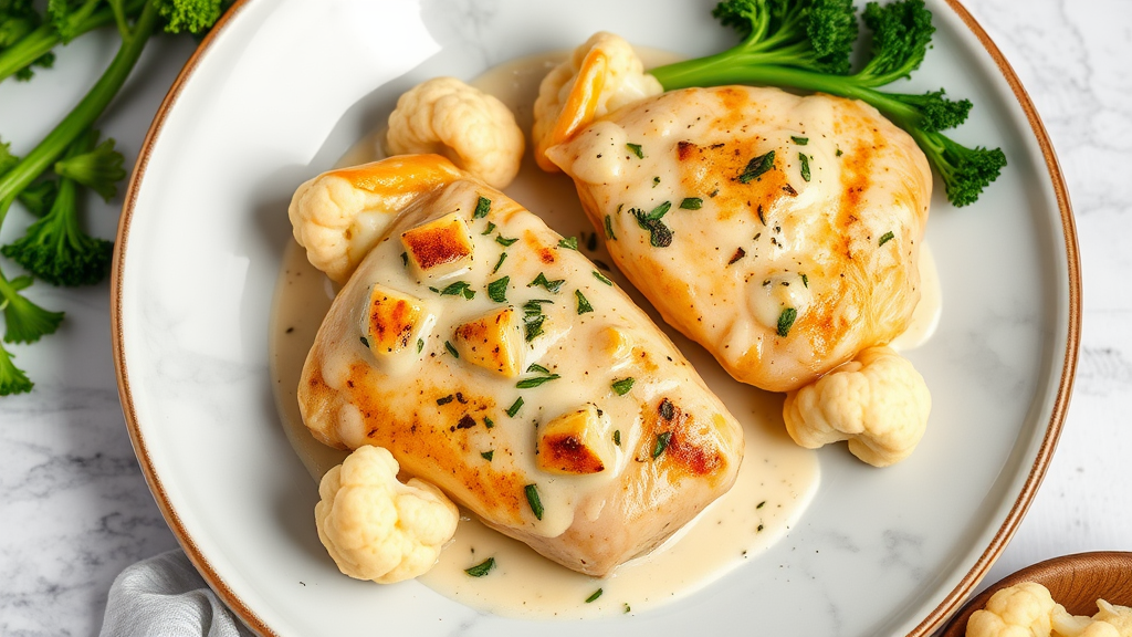 Creamy Garlic Chicken Thighs with Cauliflower and Broccolini