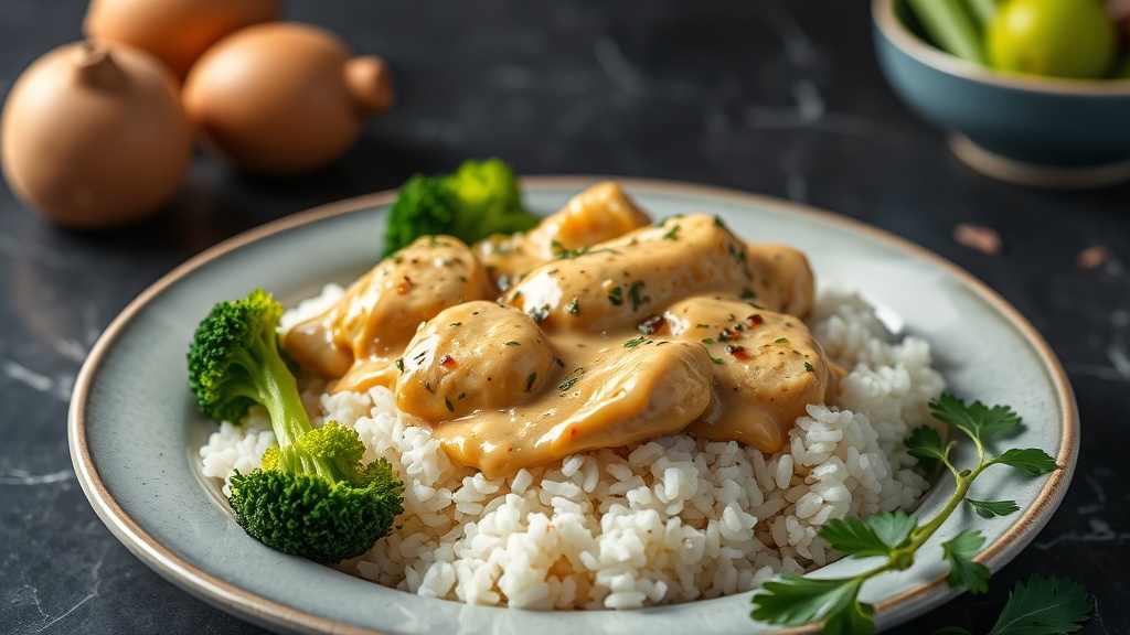 Creamy Garlic Chicken with Broccoli and Rice