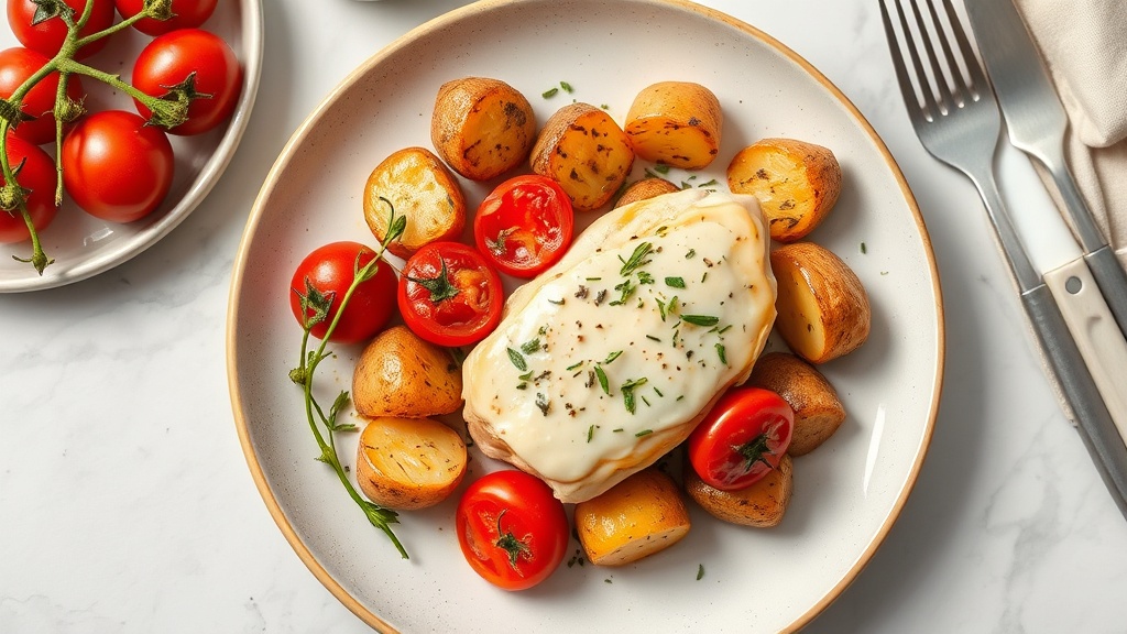 Creamy Garlic Chicken with Roasted Grape Tomatoes and Herbed Potatoes