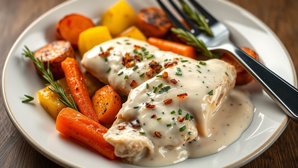 Creamy Garlic Chicken with Roasted Potatoes and Carrots