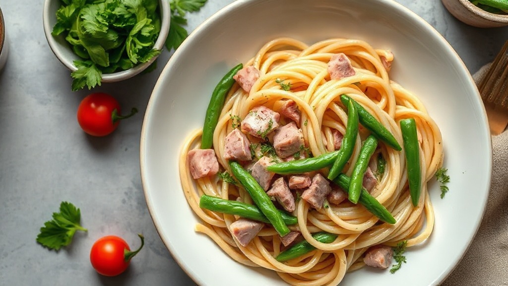 Creamy Ham, Green Bean, and Green Pepper Pasta