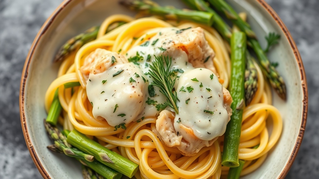 Creamy Mozzarella Chicken Pasta with Asparagus
