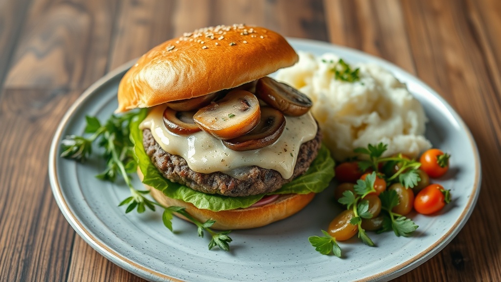 Creamy Mushroom and Onion Burger with Garlic Mashed Potatoes