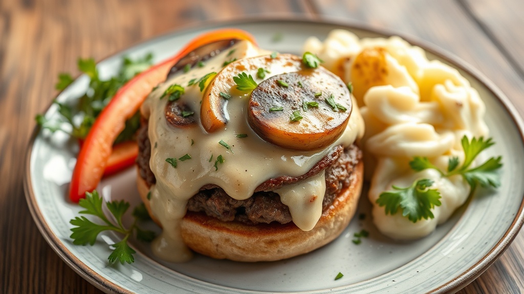 Creamy Mushroom and Onion Burger with Garlic Mashed Potatoes