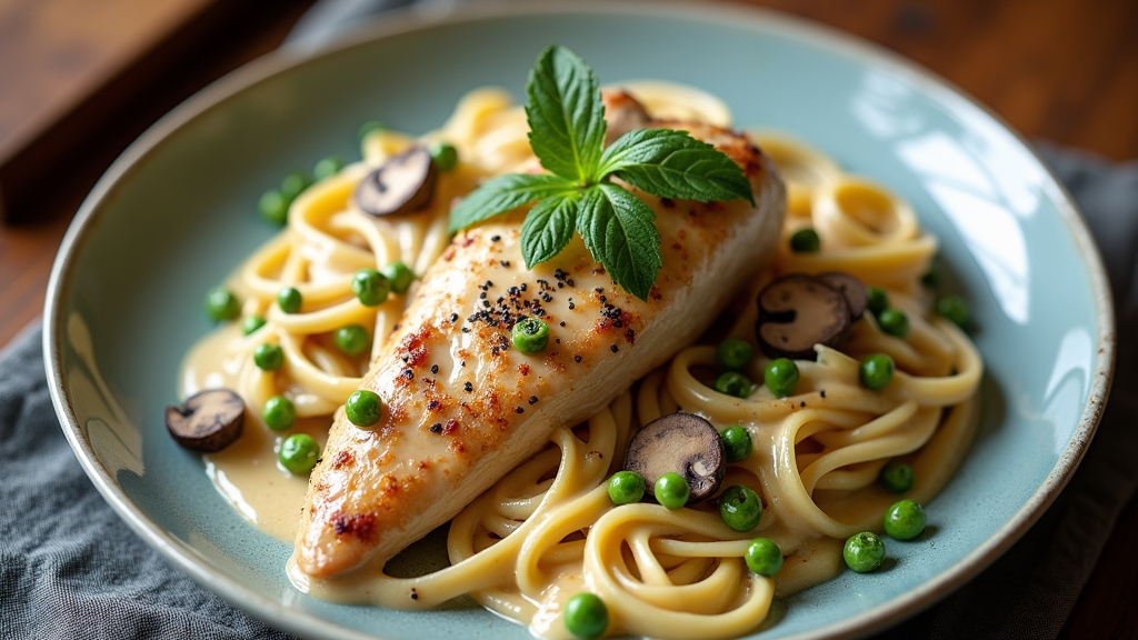 Creamy Mushroom and Pea Rotisserie Chicken Alfredo