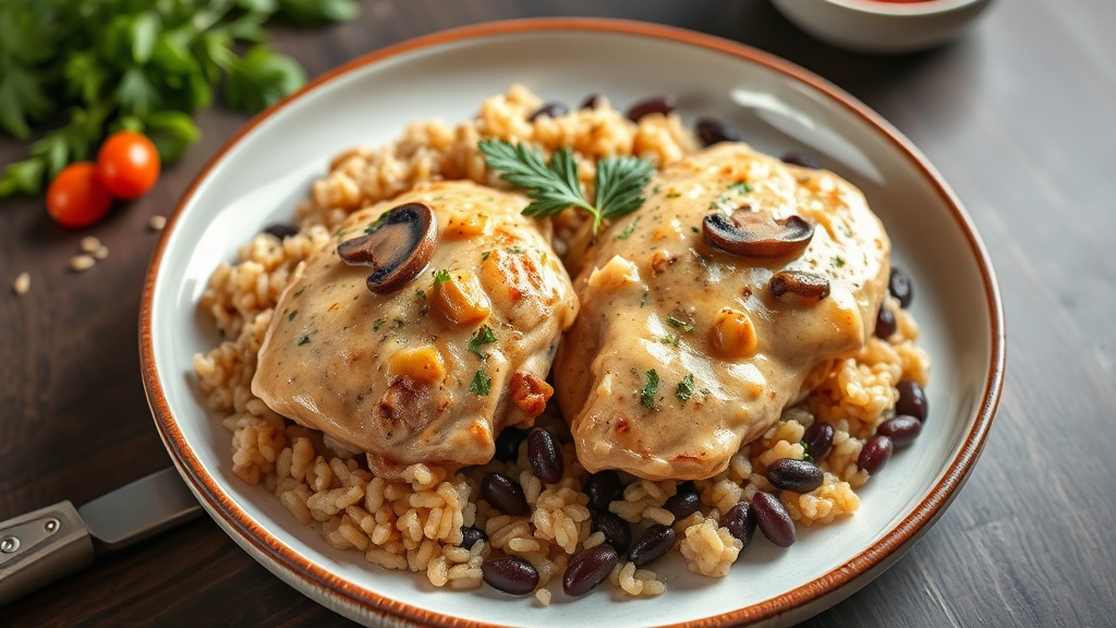 Creamy Mushroom Chicken Thighs with Wild Rice and Black Beans