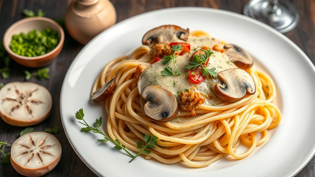 Creamy Mushroom Spaghetti with Roast Turkey